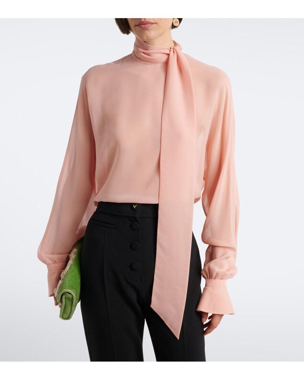 Valentino Garavani Pink Tie-Neck Silk Georgette Blouse