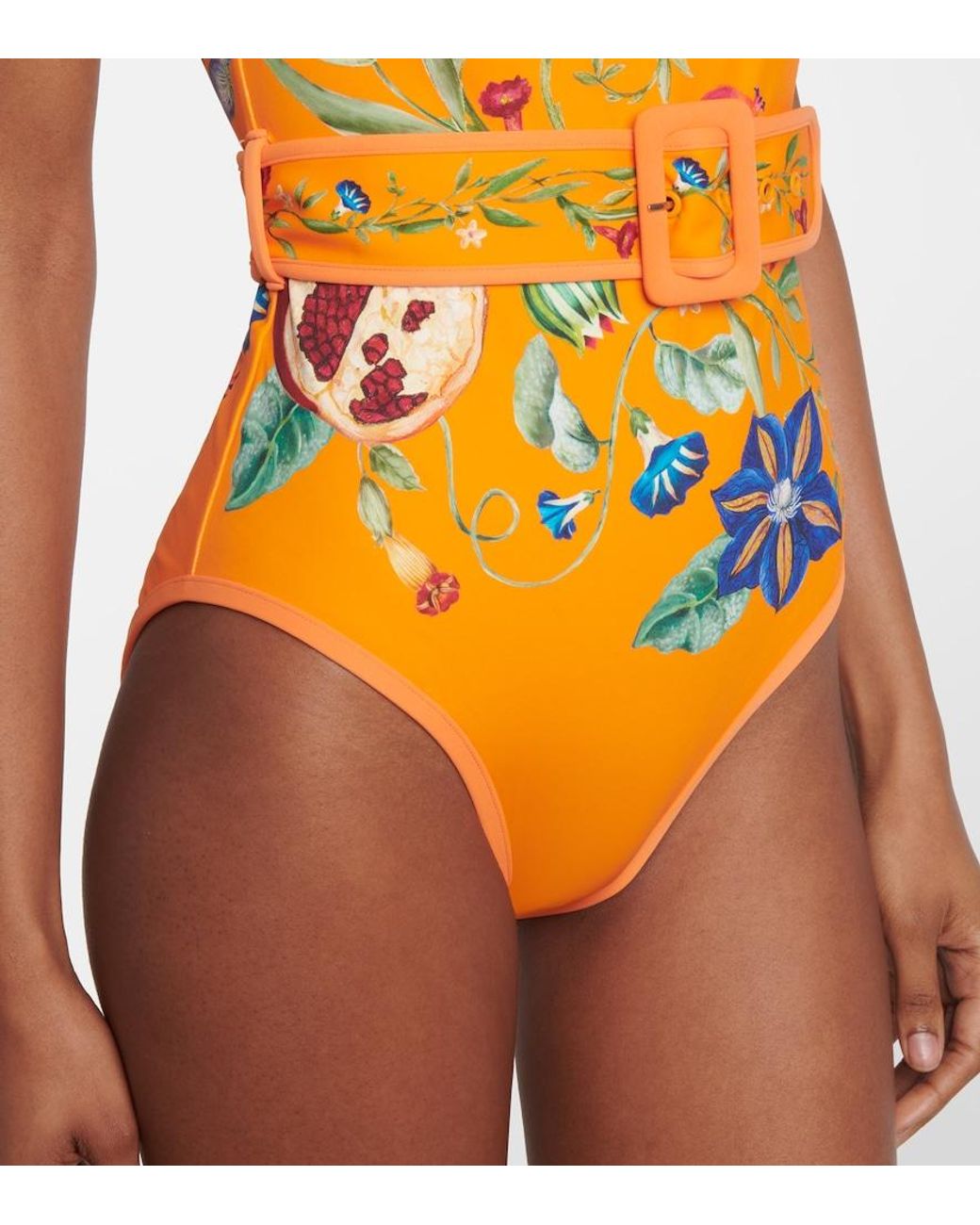ALÉMAIS Orange Flores Printed Belted Swimsuit