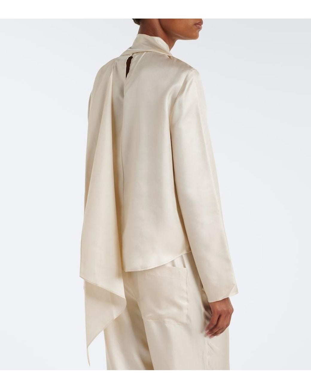 Loulou de Saison White Gala Draped Scarf-Detail Silk Twill Top