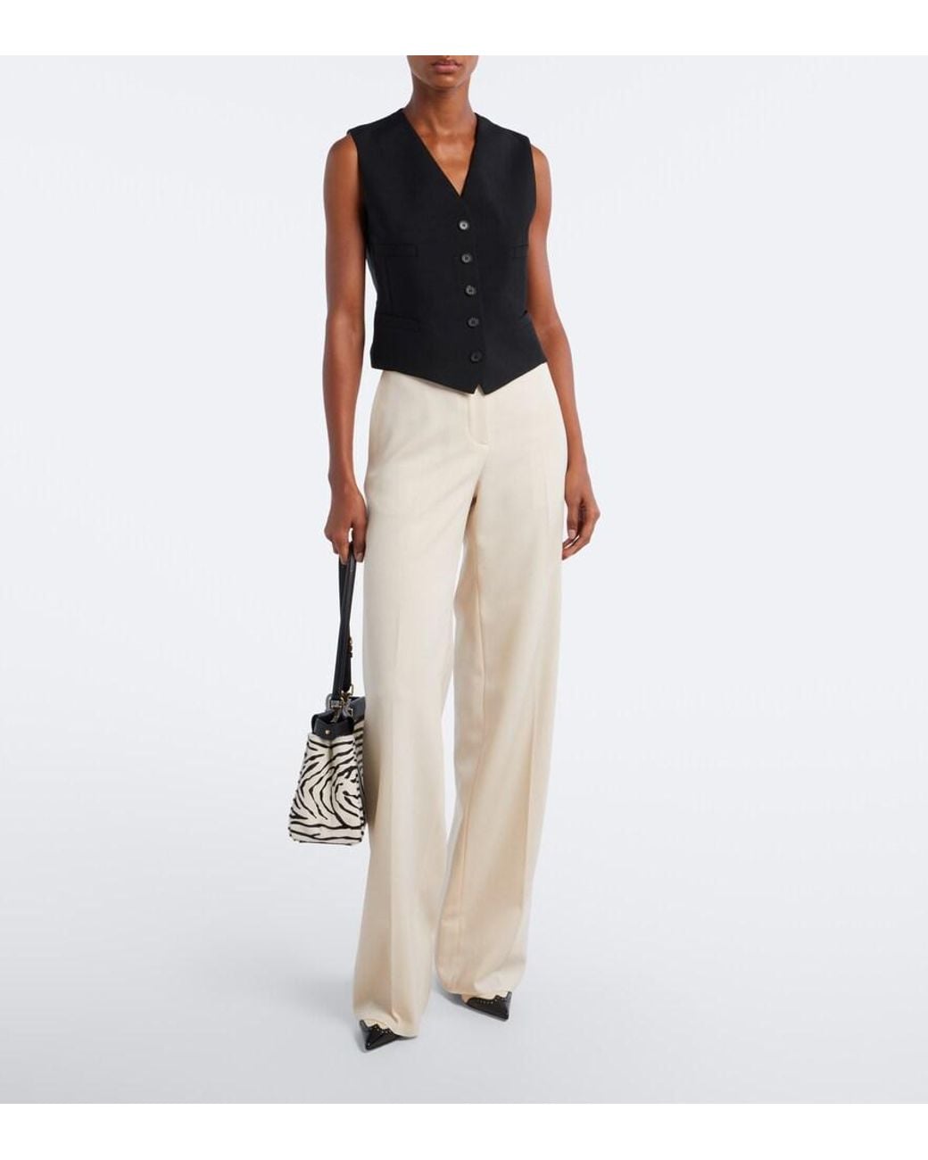 Fendi Natural Wool Grain De Poudre Wide-Leg Pants