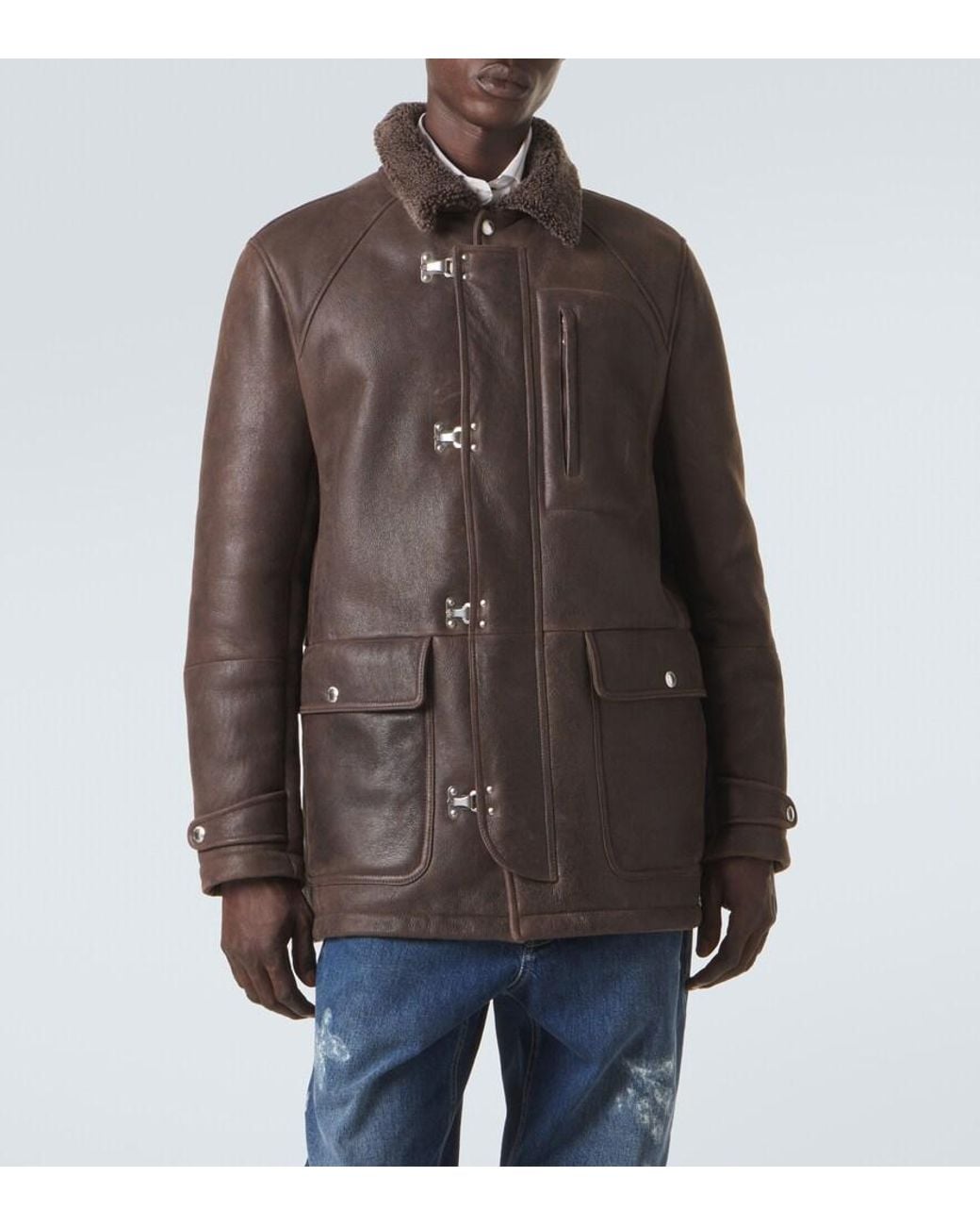 Brunello Cucinelli Brown Shearling-Lined Leather Jacket for men