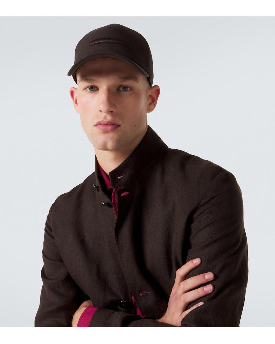 Zegna Brown Embroidered Linen Baseball Cap for men