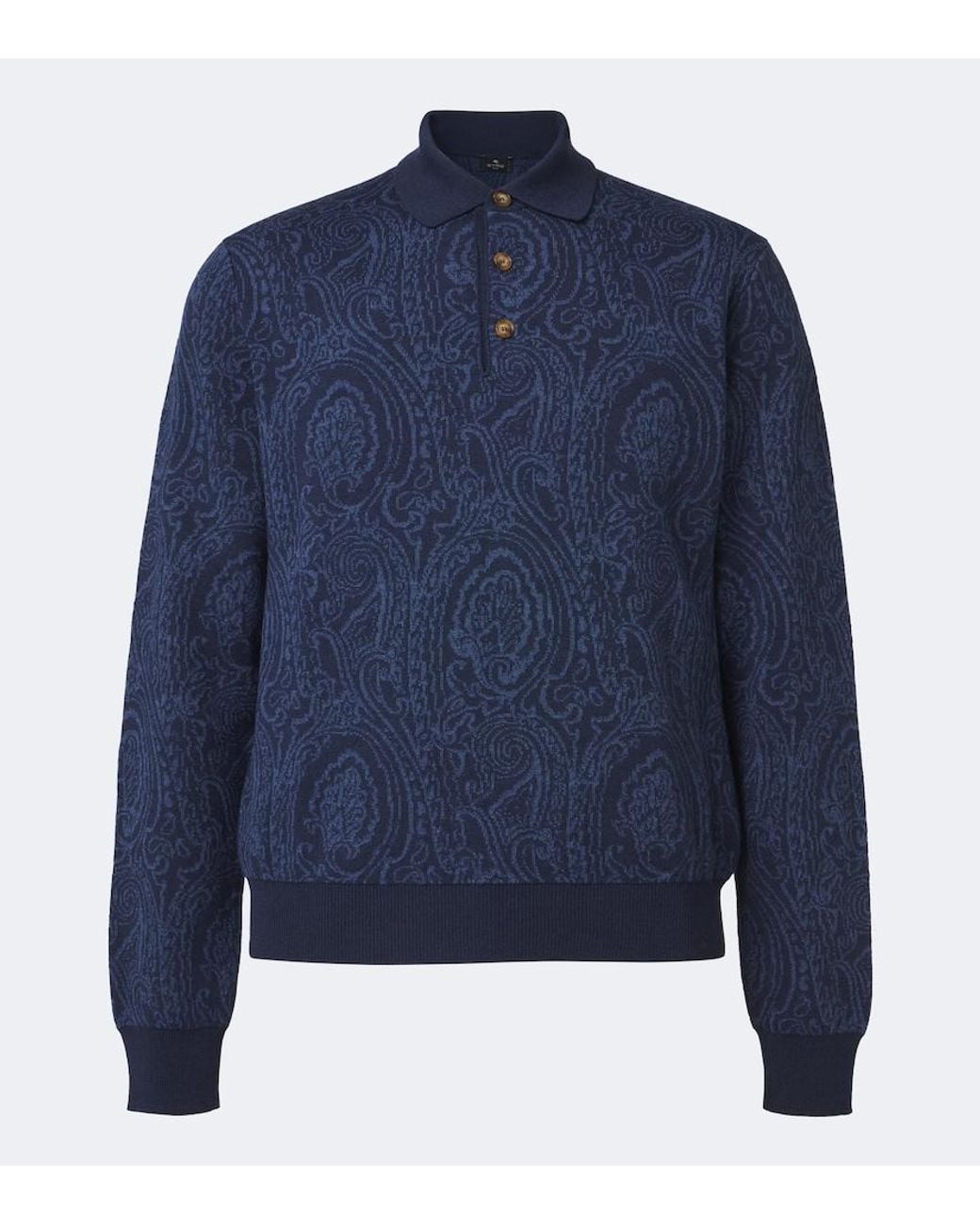 Etro Blue Paisley Wool-Blend Polo Sweater for men