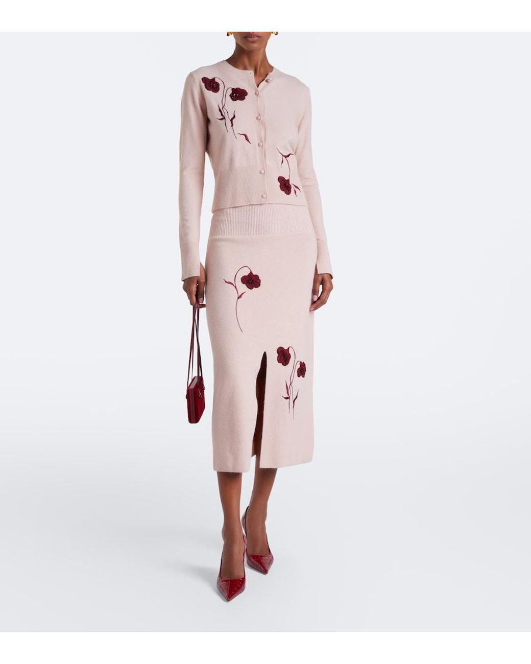 Erdem Pink Floral-Applique Knitted Midi Skirt