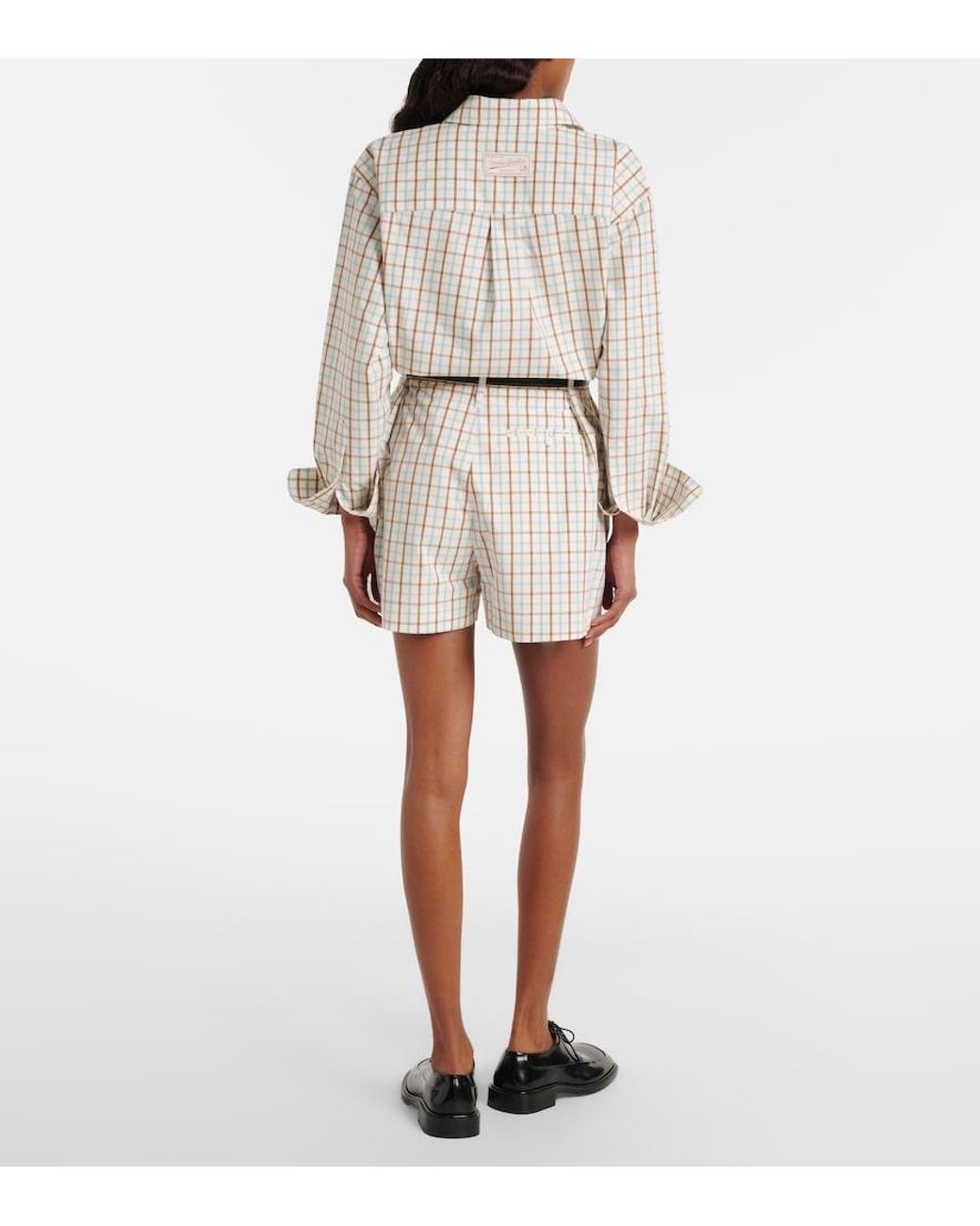 Victoria Beckham Natural Checked Pleated Cotton Shorts