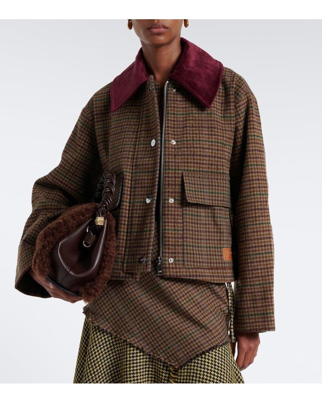 Ganni Brown Checked Wool-Blend Twill Jacket