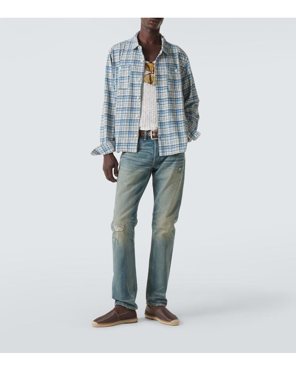 RRL Blue Plaid Cotton And Linen Jersey Shirt for men