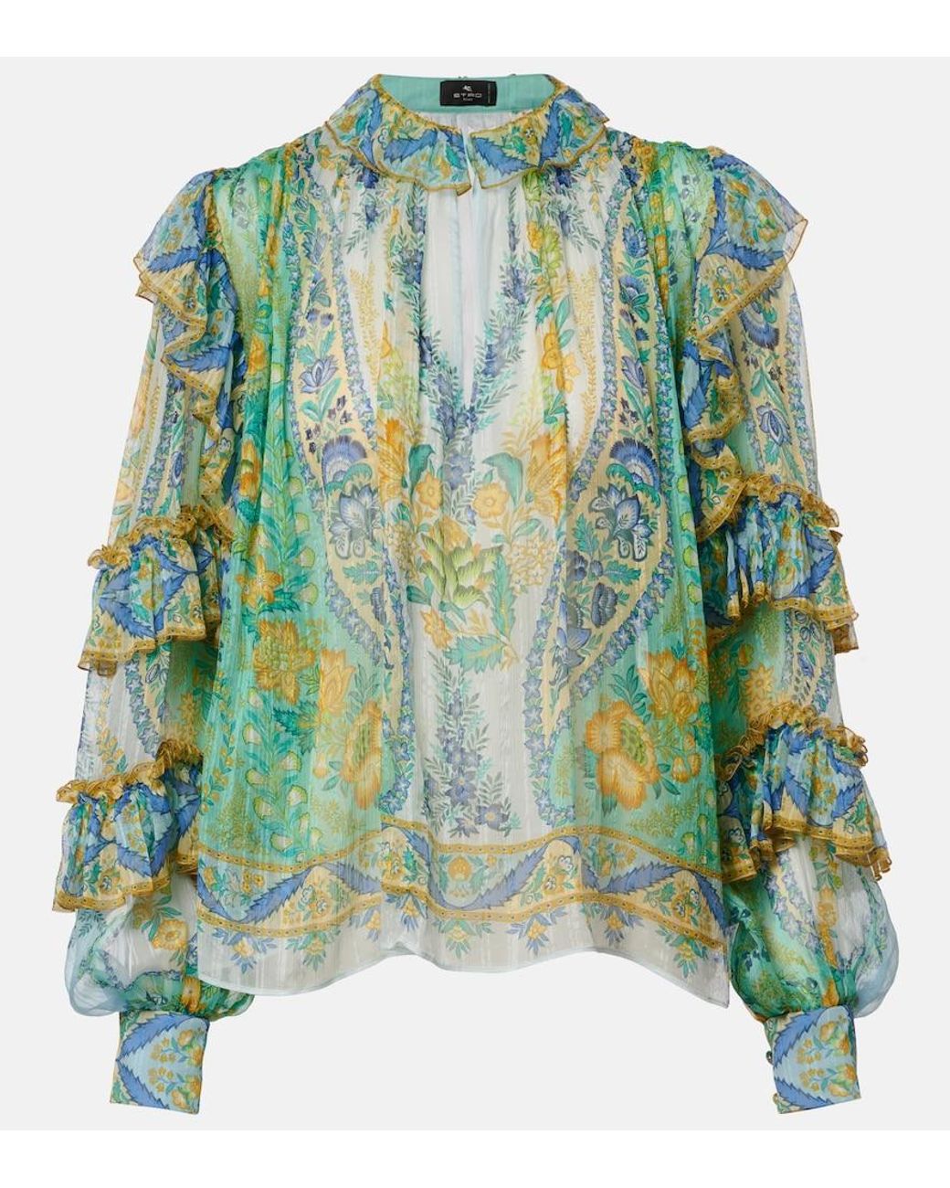 Etro Green Floral Ruffled Silk Blouse
