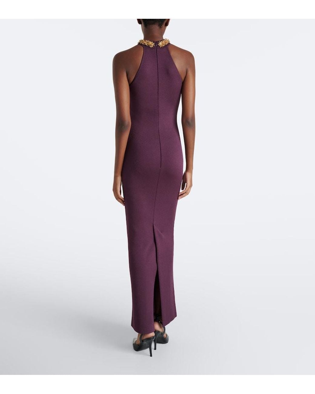 Balmain Purple Embellished Knitted Halterneck Gown