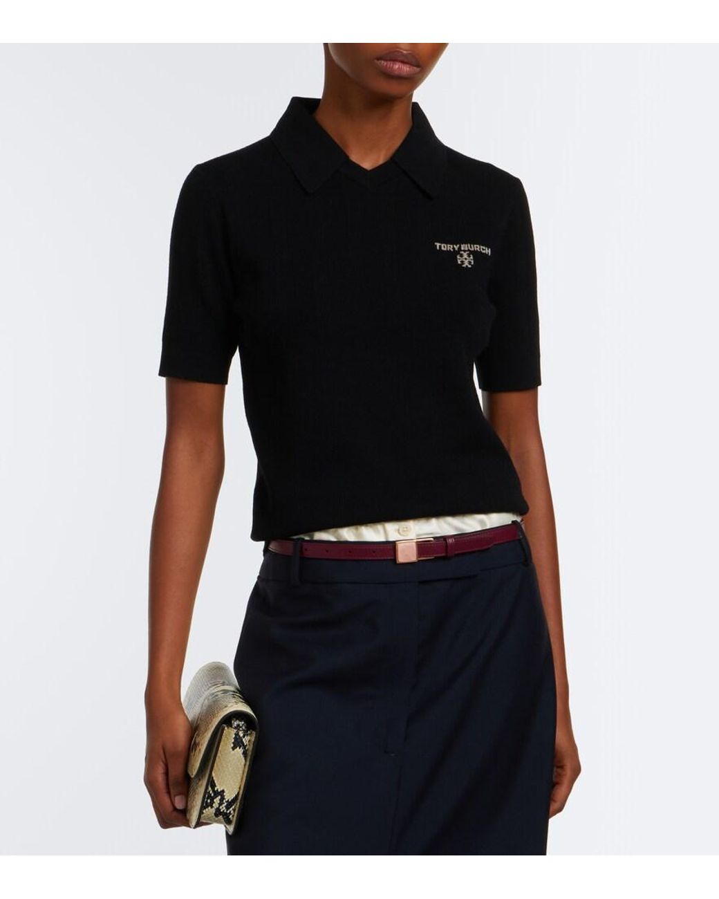 Tory Burch Black Logo Wool Polo Sweater