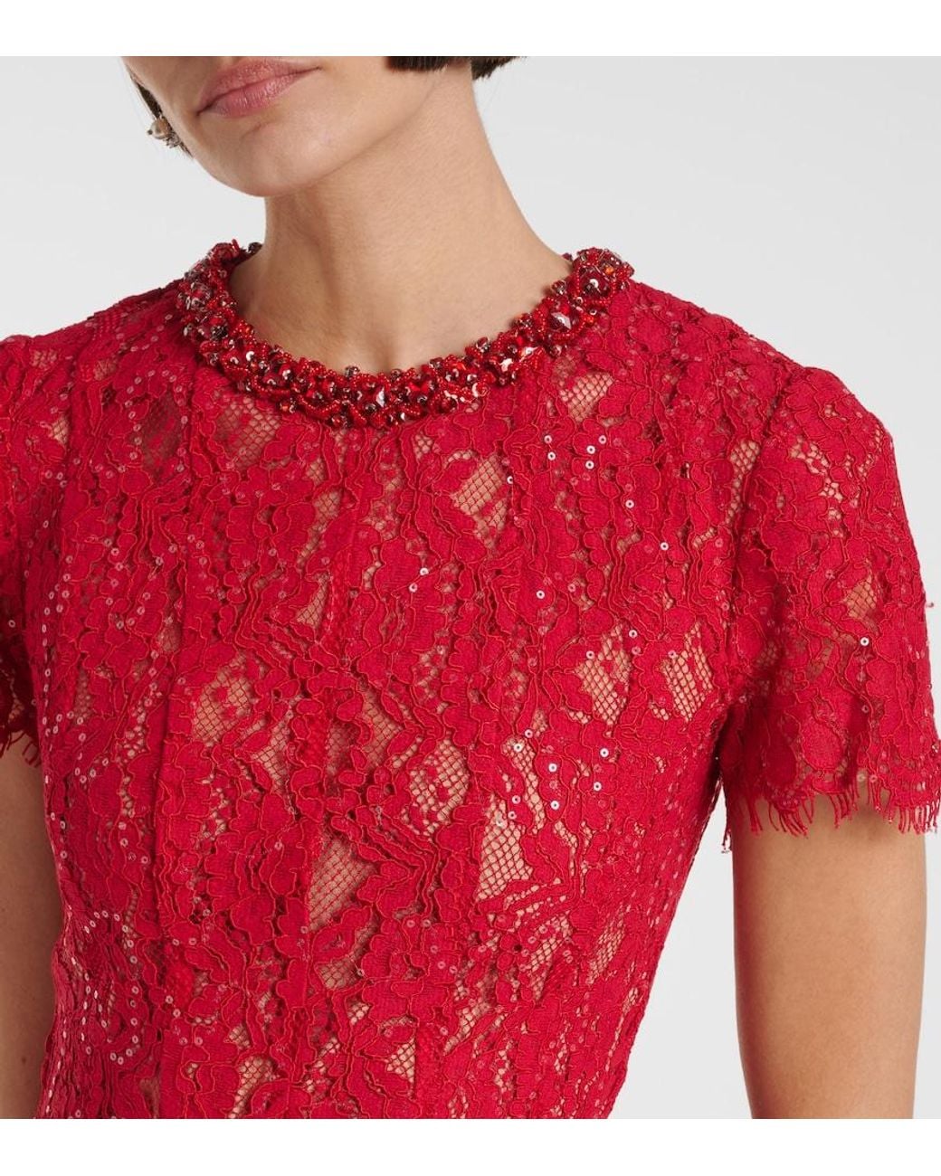 Self-Portrait Red Embellished Fishnet Midi Dress