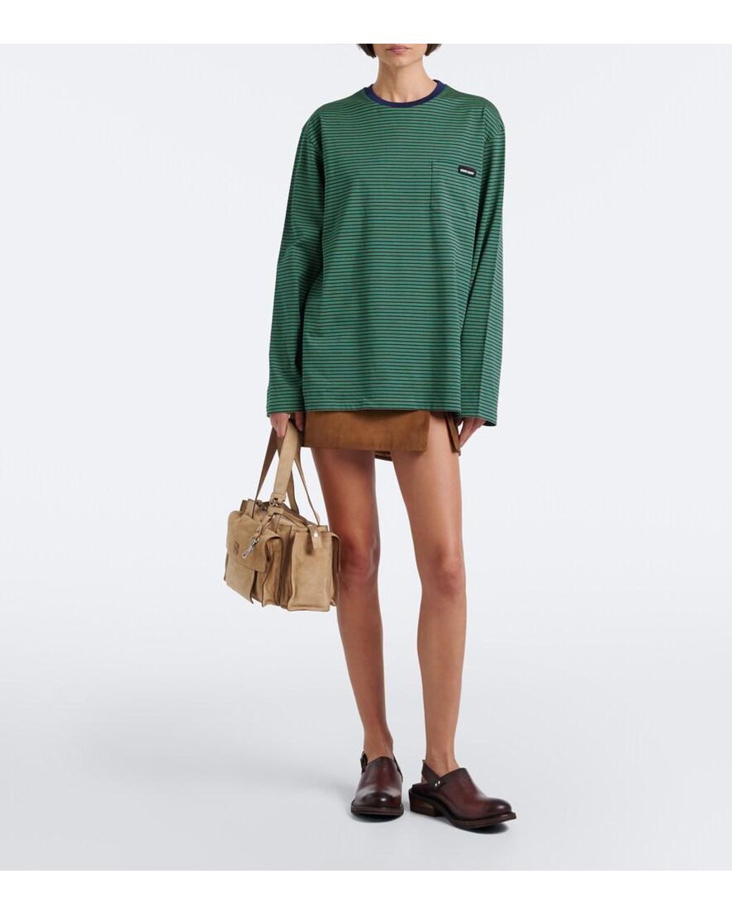 Miu Miu Green Striped Cotton Jersey T-Shirt
