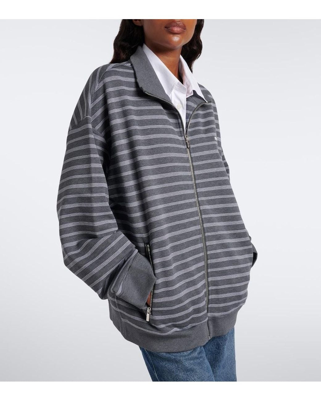 Miu Miu Gray Striped Cotton Zip-Up Sweatshirt