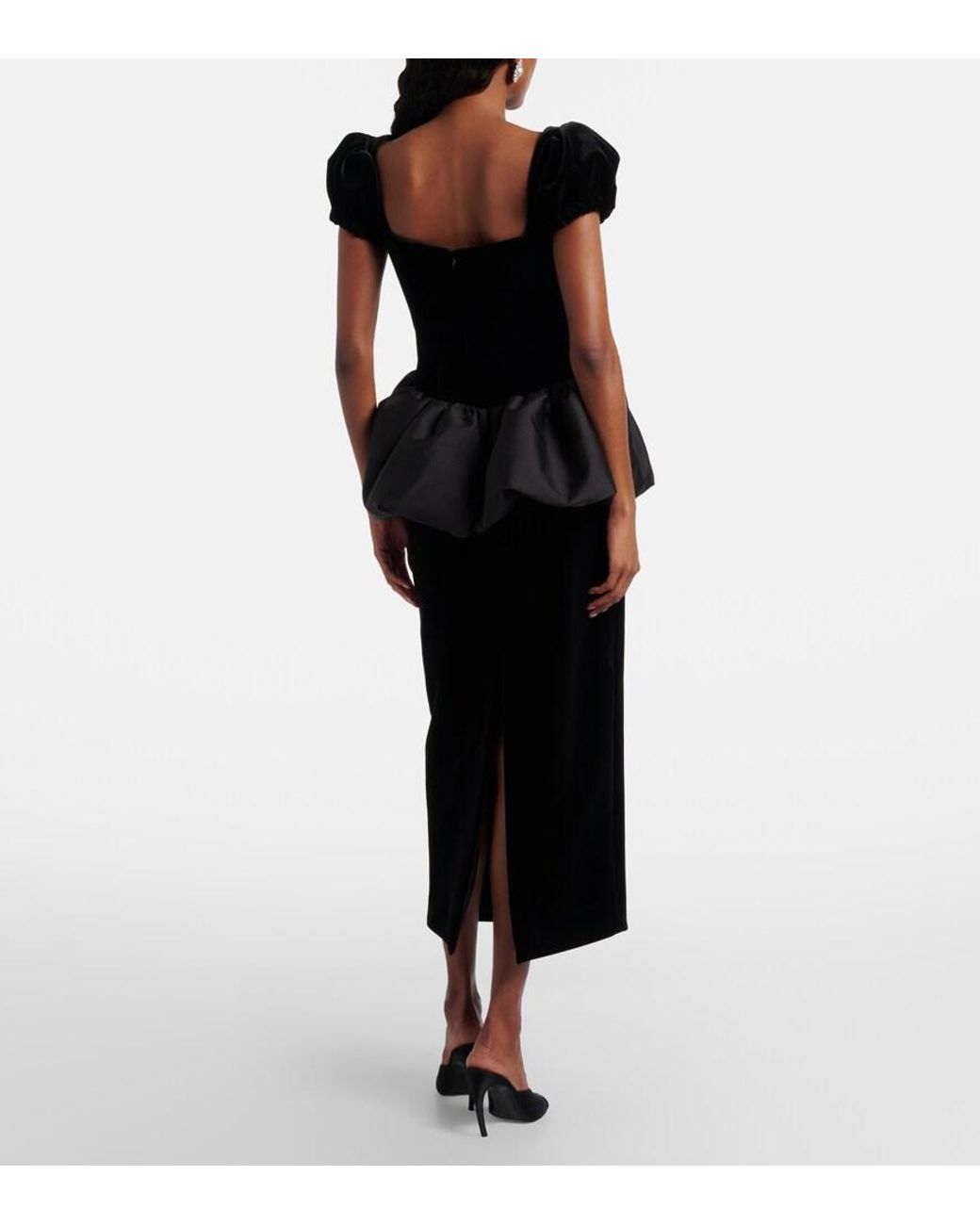 Self-Portrait Black Peplum Velvet And Taffeta Midi Dress