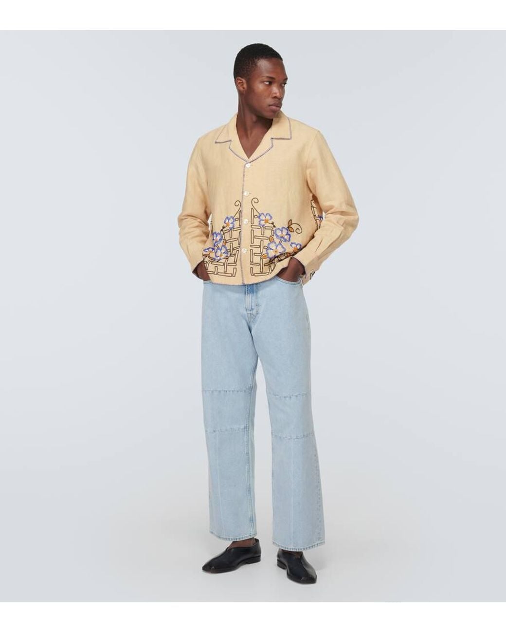 Bode Natural Himalayan Poppy Embroidered Linen Shirt for men