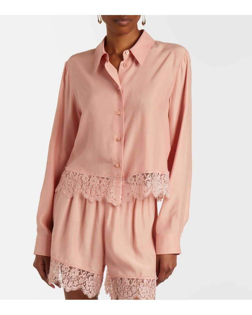 Stella McCartney Pink Floral Lace-Trimmed Silk Shirt