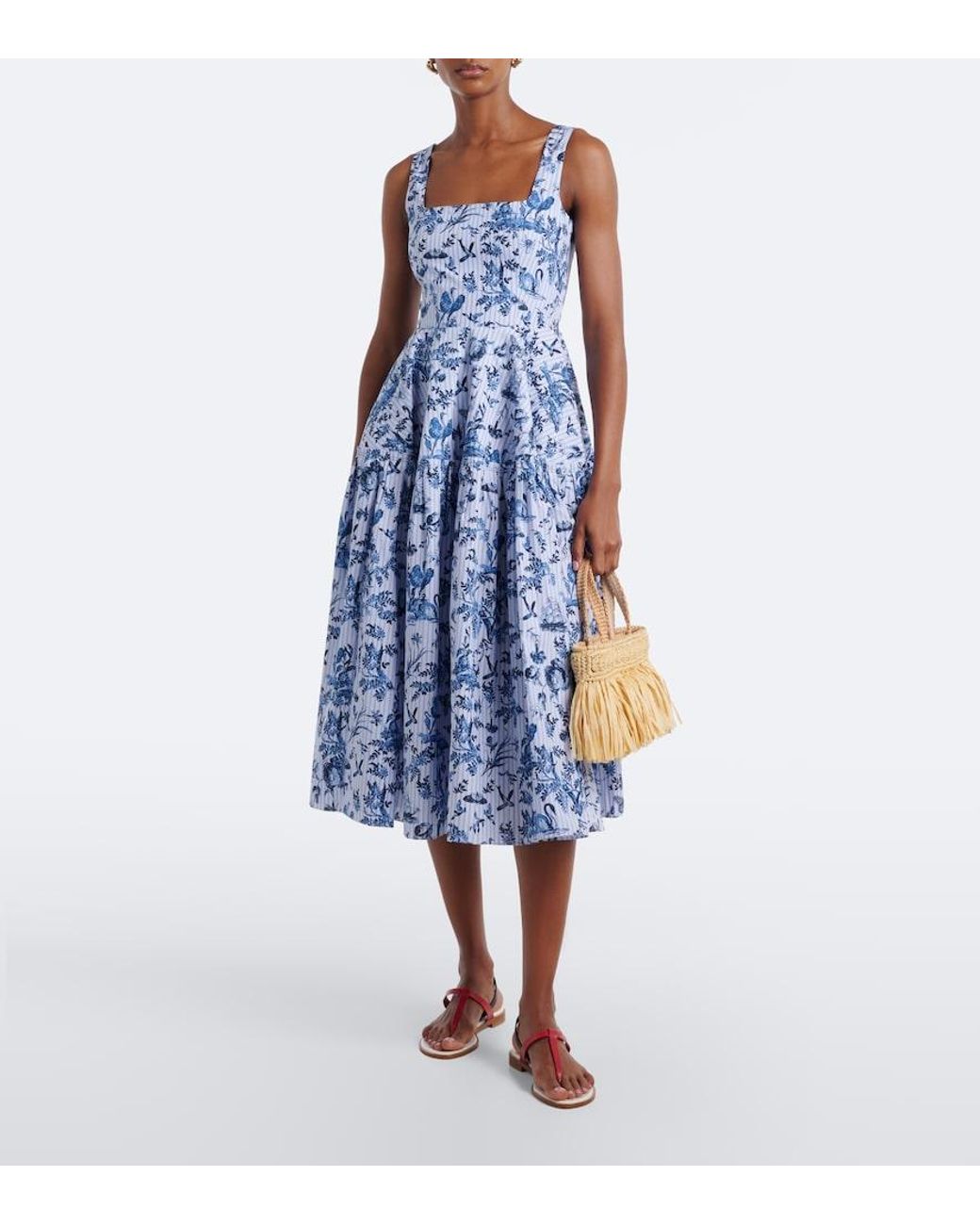 Erdem Blue Striped Printed Cotton Poplin Midi Dress