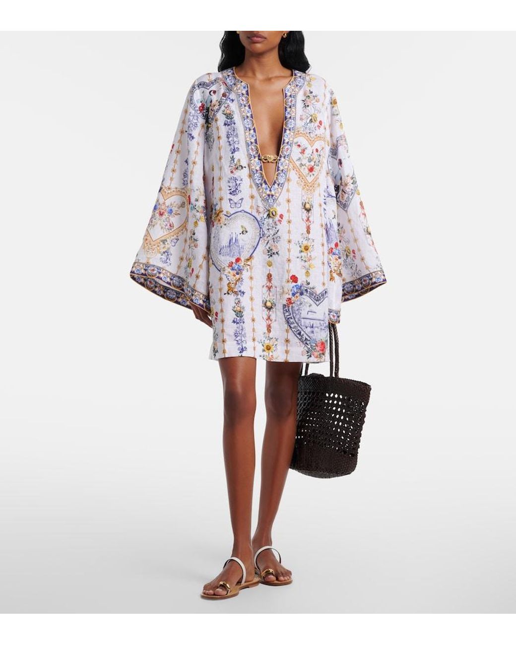 Camilla White Cutout Printed Linen Kaftan
