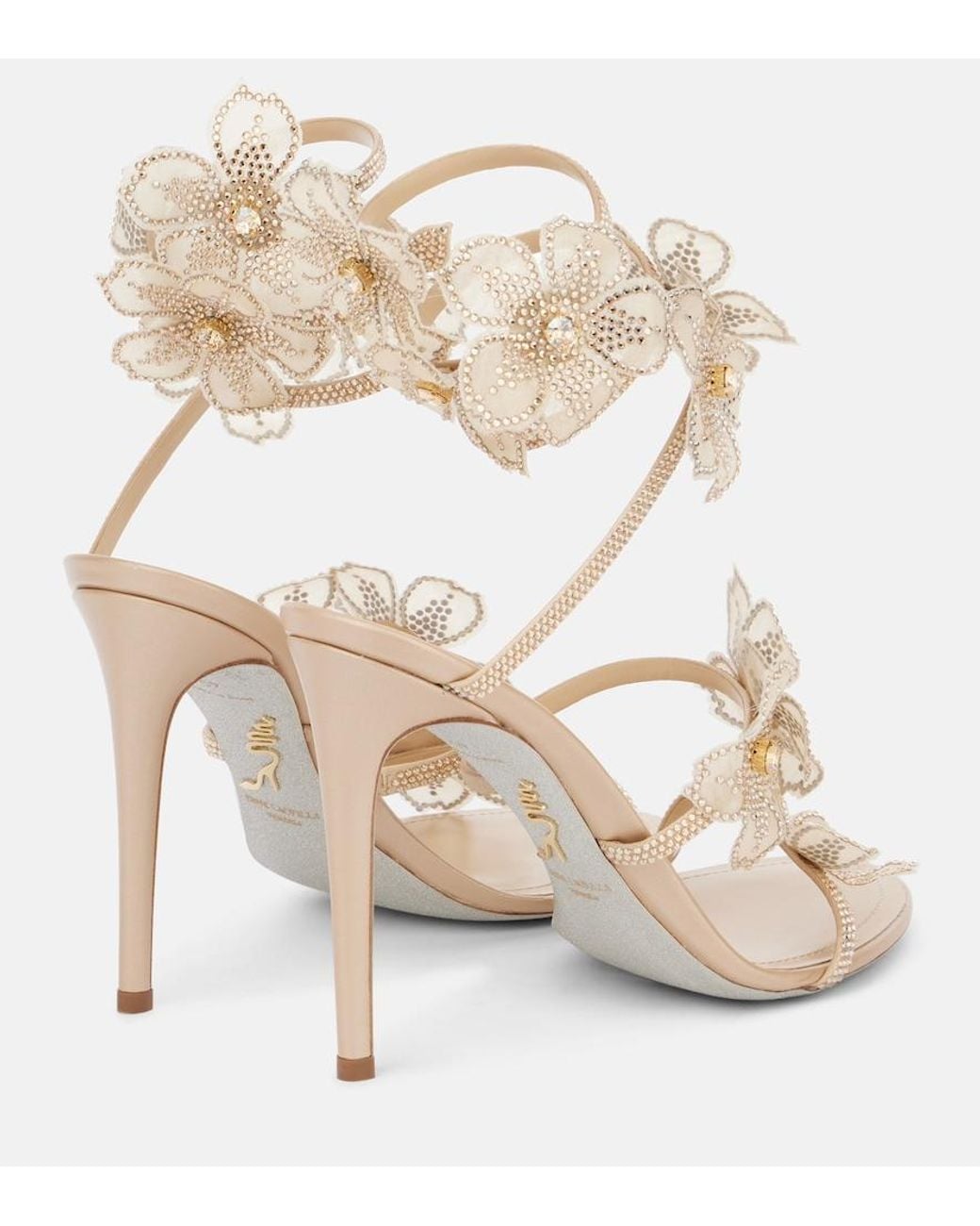 Rene Caovilla Natural Peach Flower Floral-Applique Satin Sandals