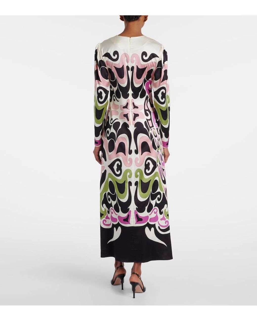 LaDoubleJ White Clingy Swing Printed Satin Midi Dress
