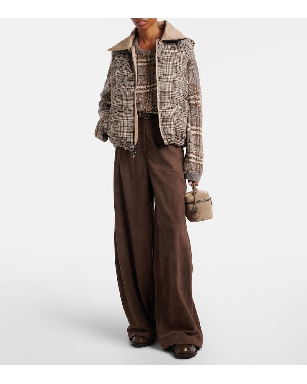 Brunello Cucinelli Brown Checked Leather-Trimmed Down Vest