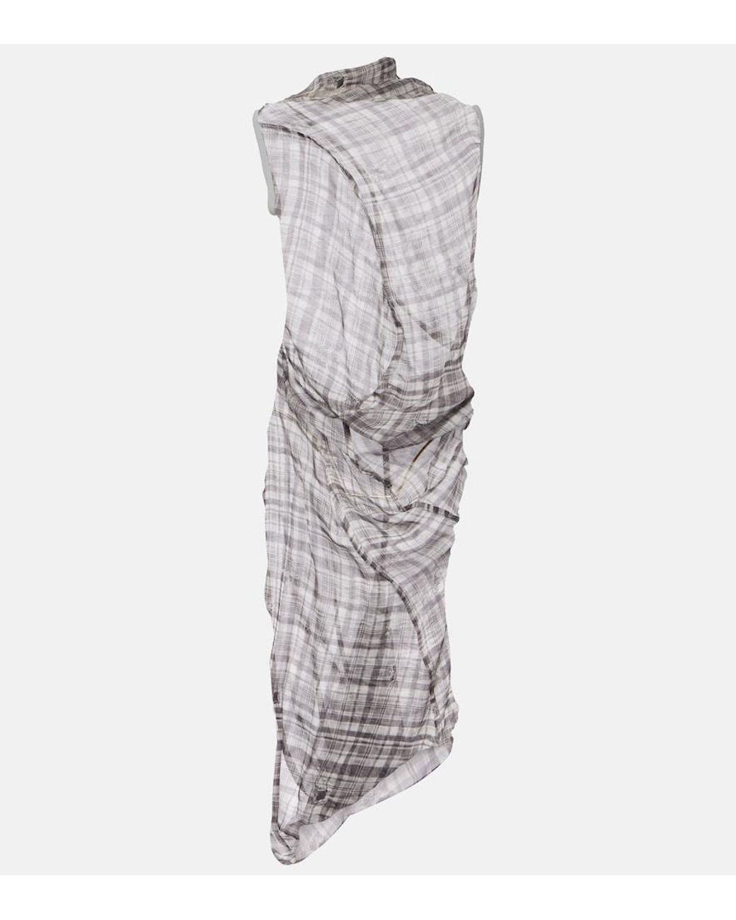 Acne Gray Dsaam Checked Draped Silk Midi Dress