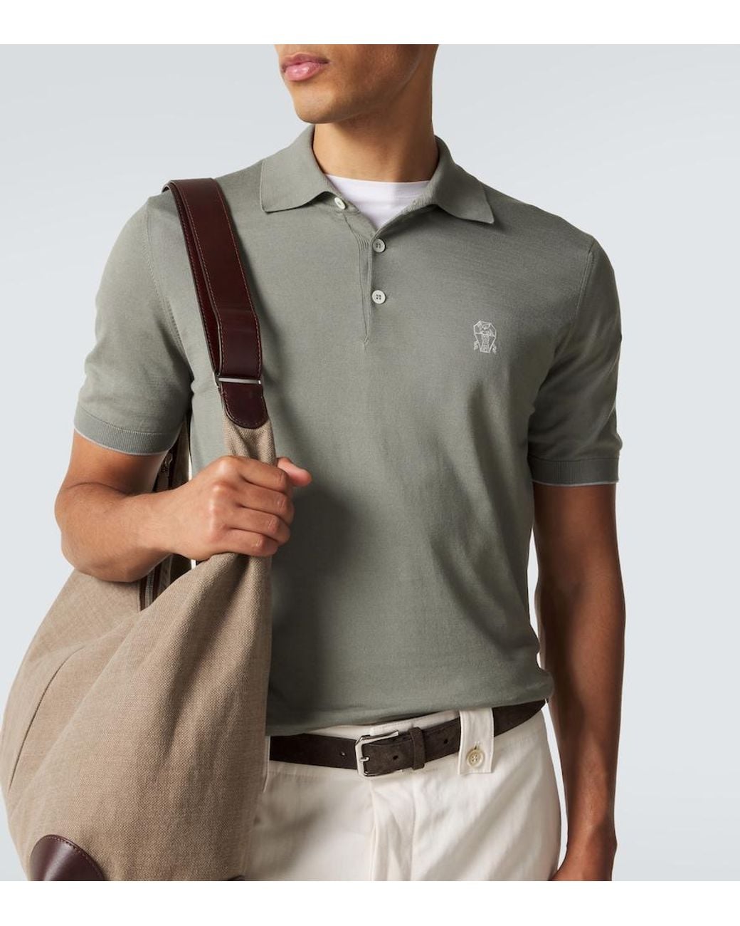 Brunello Cucinelli Green Logo Cotton Pique Polo Shirt for men