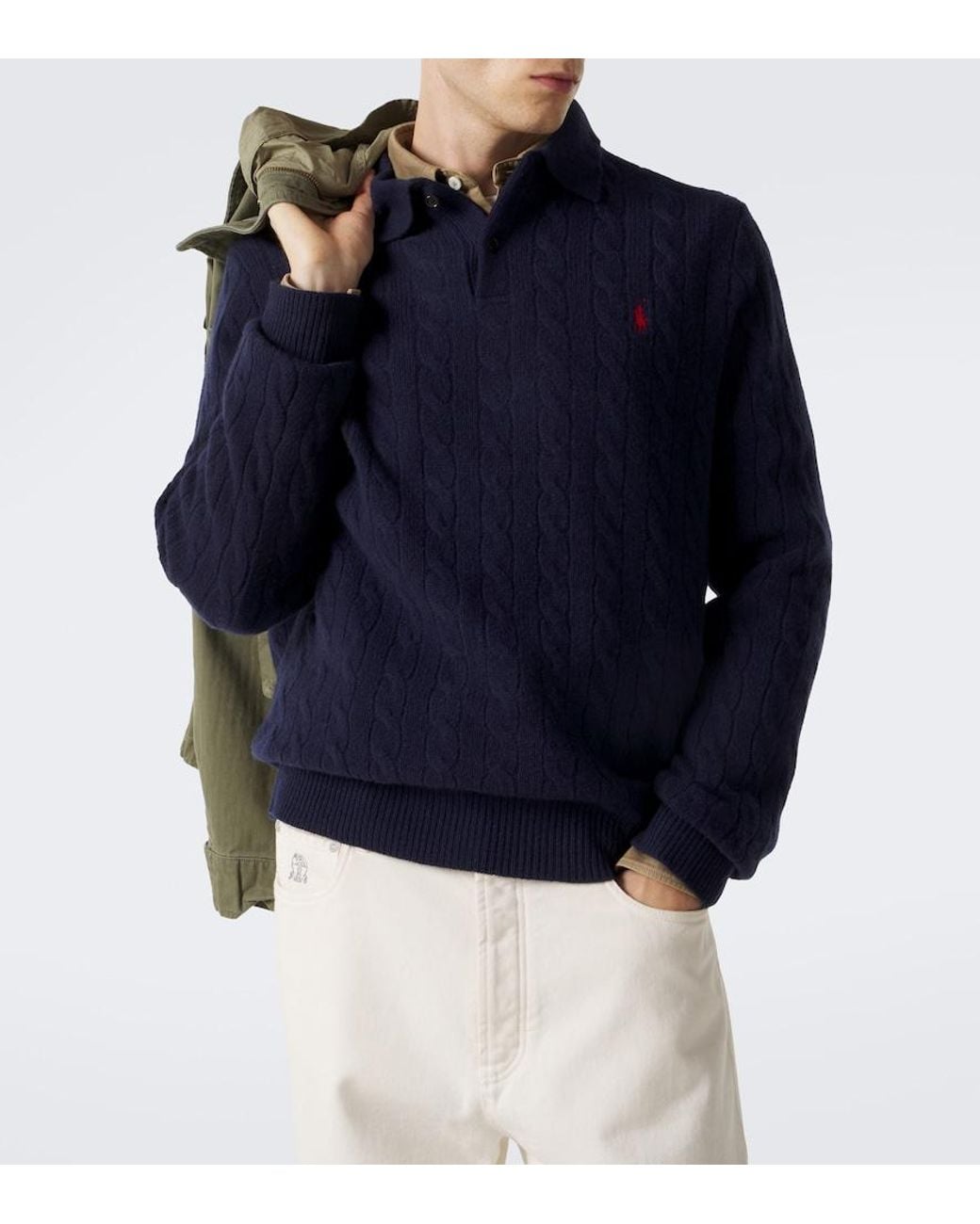 Polo Ralph Lauren Blue Cable-Knit Wool And Cashmere Polo Sweater for men
