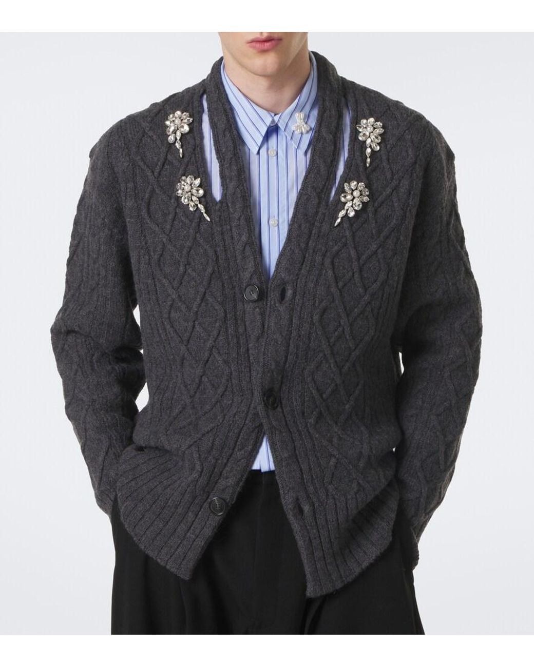 Simone Rocha Gray Cable-Knit Embellished Virgin Wool Cardigan for men