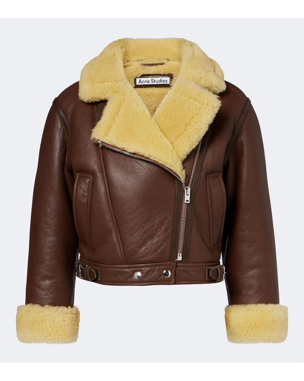 Acne Brown Shearling-Trimmed Leather Biker Jacket