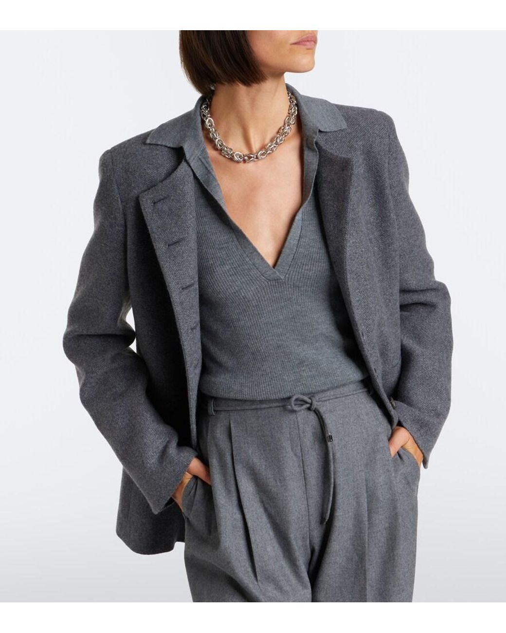 Max Mara Gray Ribbed-Knit Cashmere Polo Sweater