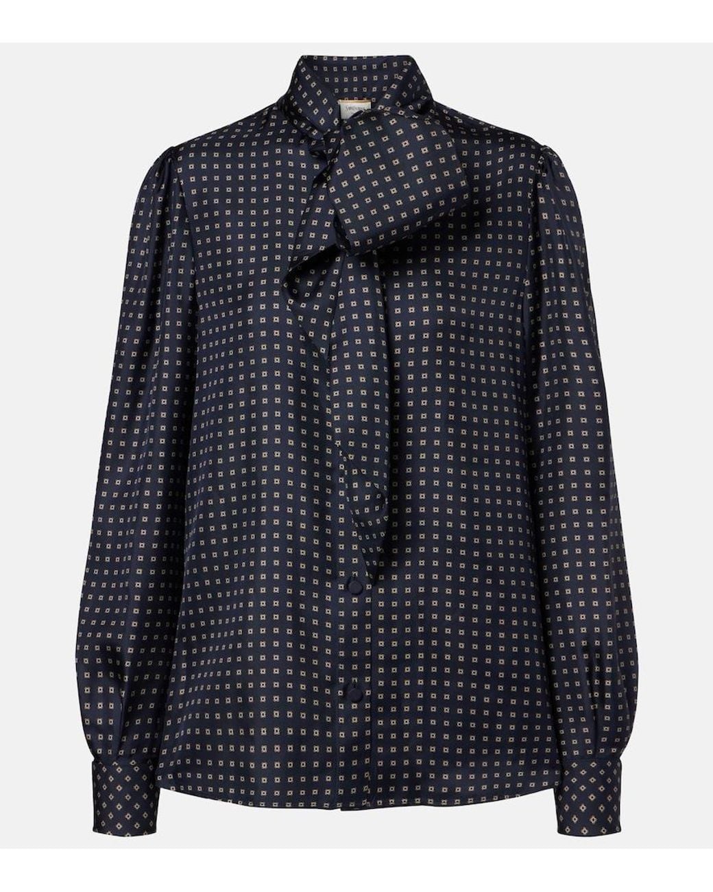 Saint Laurent Blue Printed Tie-Neck Silk Crepe De Chine Blouse