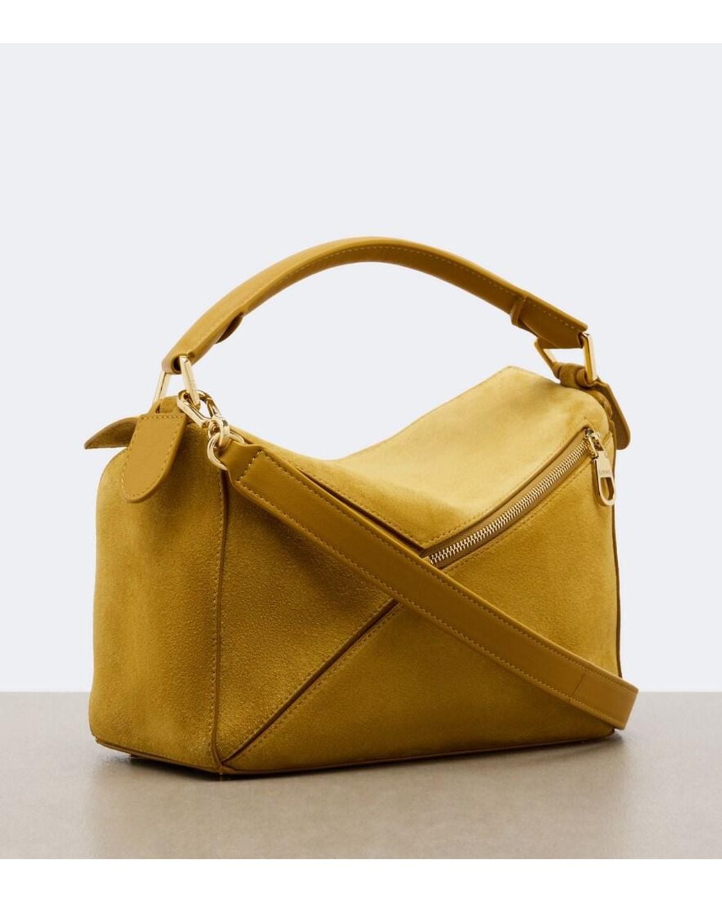 Loewe Yellow Featherlight Puzzle Small Suede Top-Handle Bag
