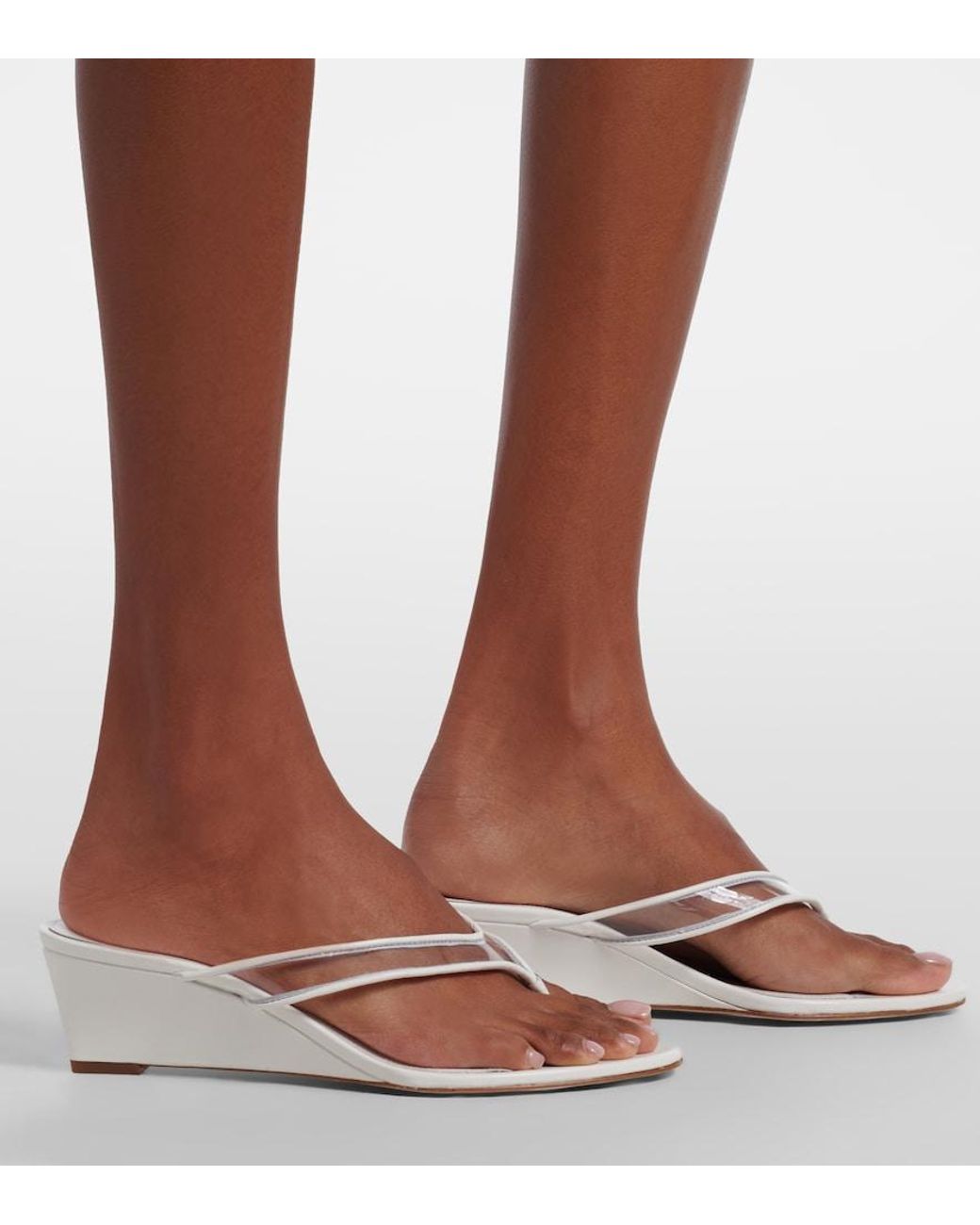 Veronica Beard White Clea Leather-Trimmed Wedge Thong Sandals