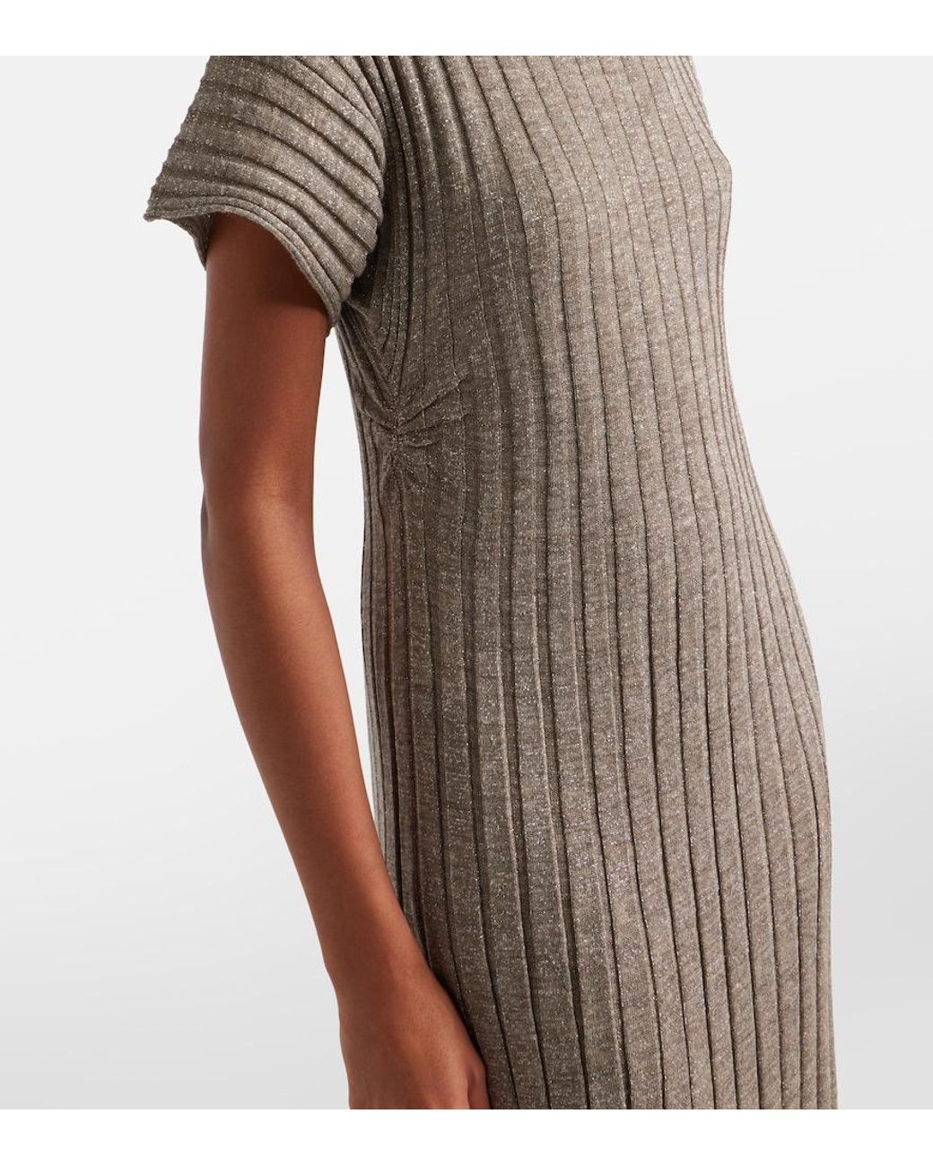 Brunello Cucinelli Natural Ribbed-Knit Lame Midi Dress