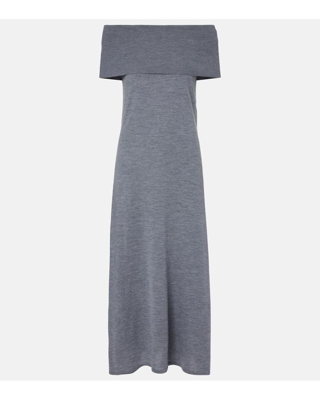 Jardin Des Orangers Gray Off-Shoulder Virgin Wool Maxi Dress