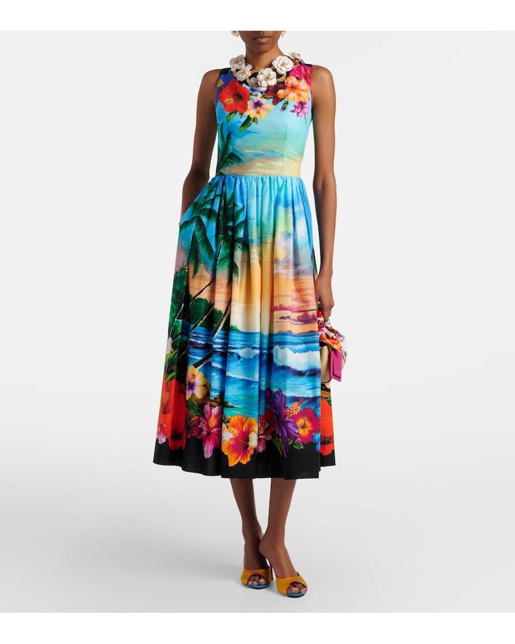 Dolce & Gabbana Blue Printed Cotton Midi Dress