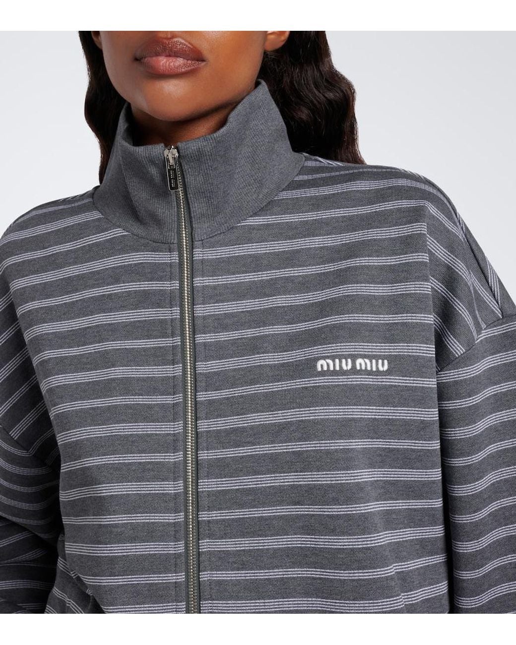 Miu Miu Gray Striped Cotton Zip-Up Sweatshirt