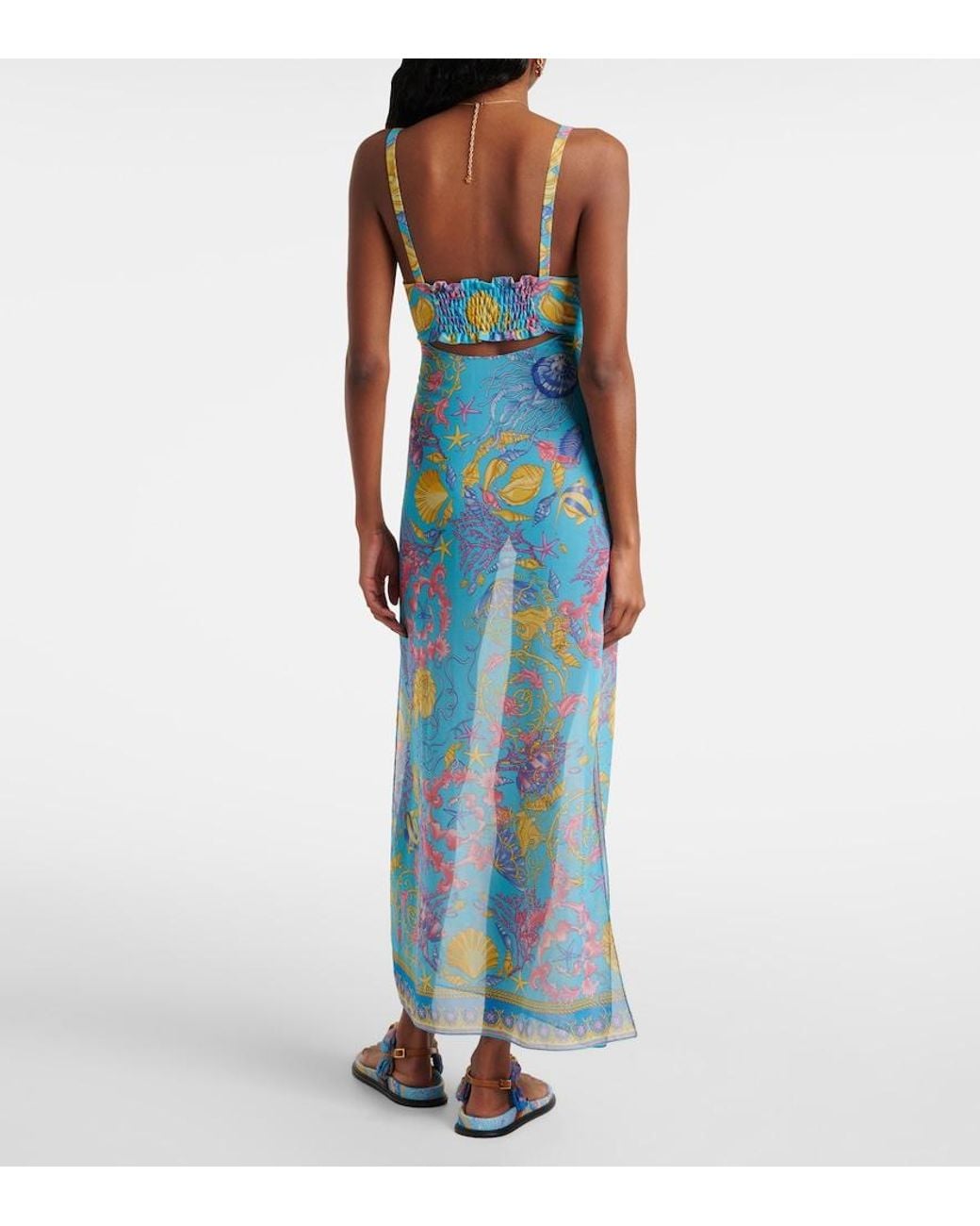 Versace Blue Printed Cutout Semi-Sheer Maxi Dress