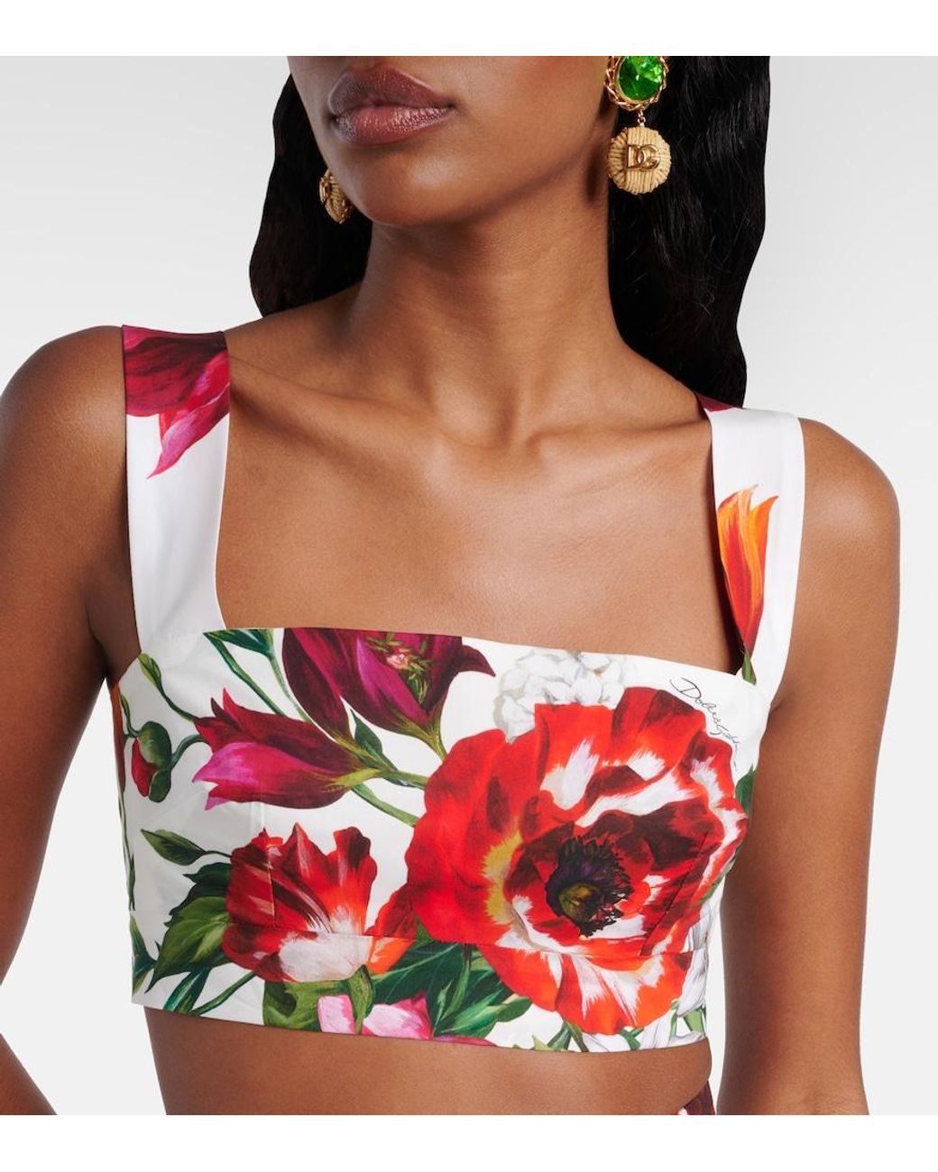Dolce & Gabbana Red Floral Cotton Poplin Bra Top