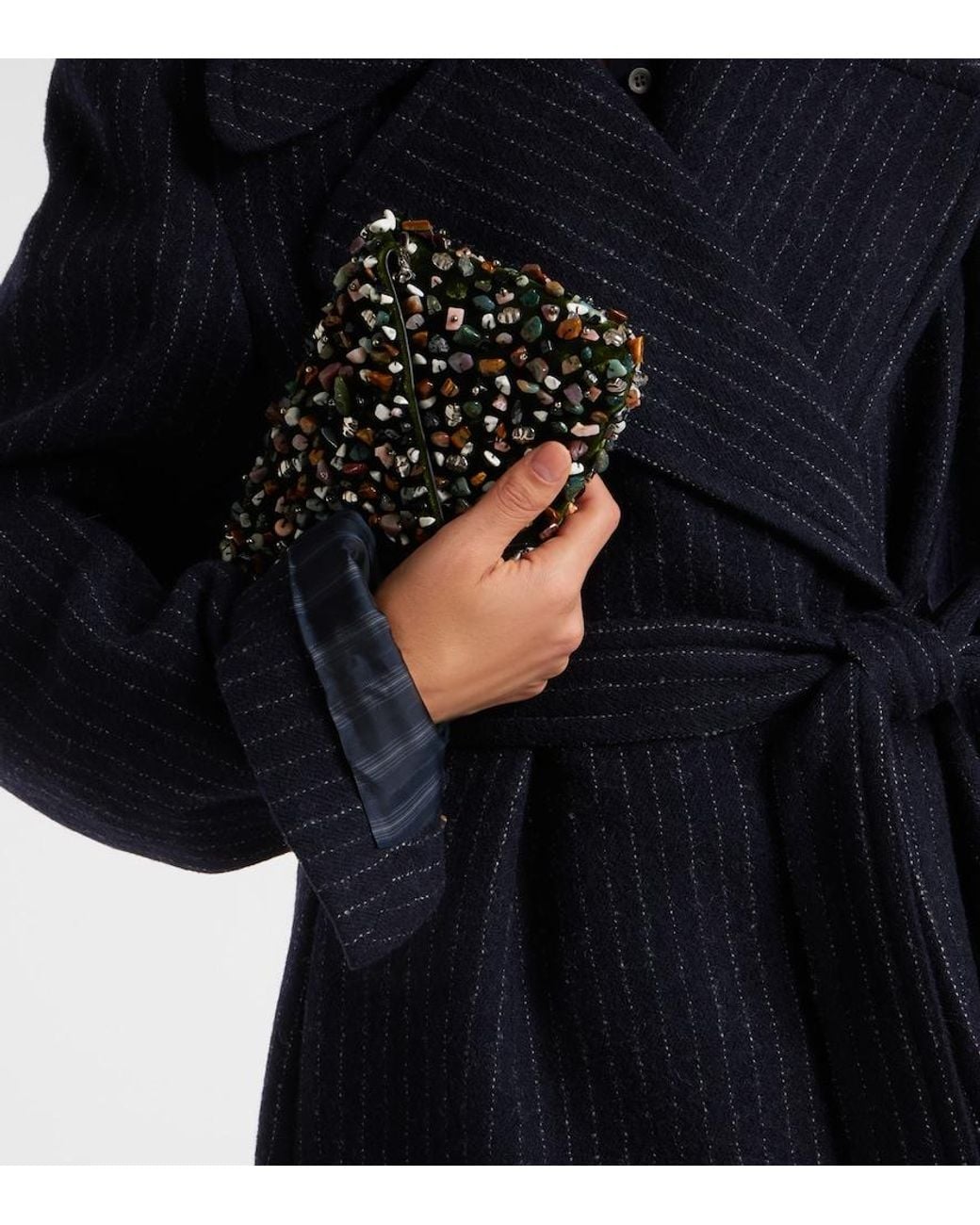 Dries Van Noten Black Belted Pinstriped Wool Coat