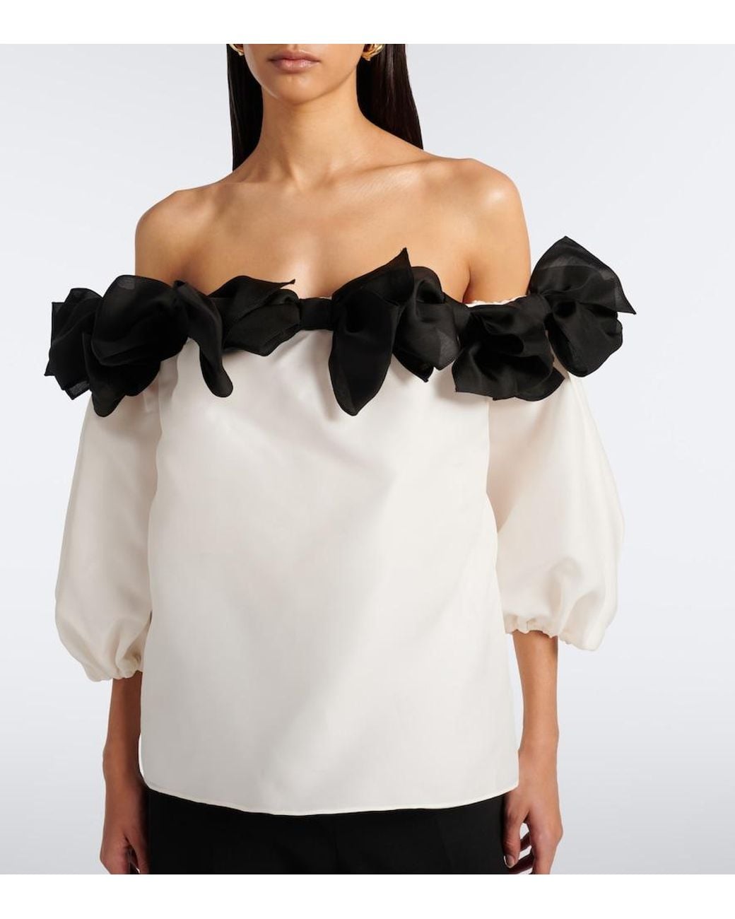 Carolina Herrera Black Bow-Detail Off-Shoulder Silk Top