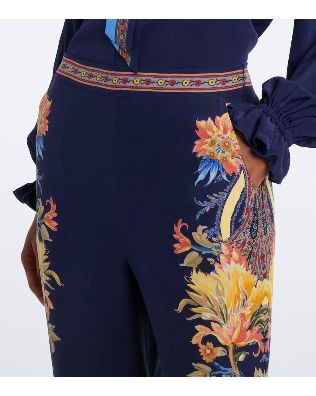Etro Blue Floral Silk Straight Pants