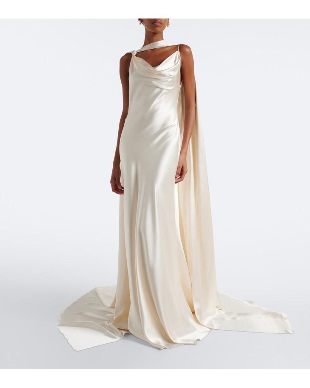 Danielle Frankel White Bridal Aiden Scarf-Detail Silk Satin Gown