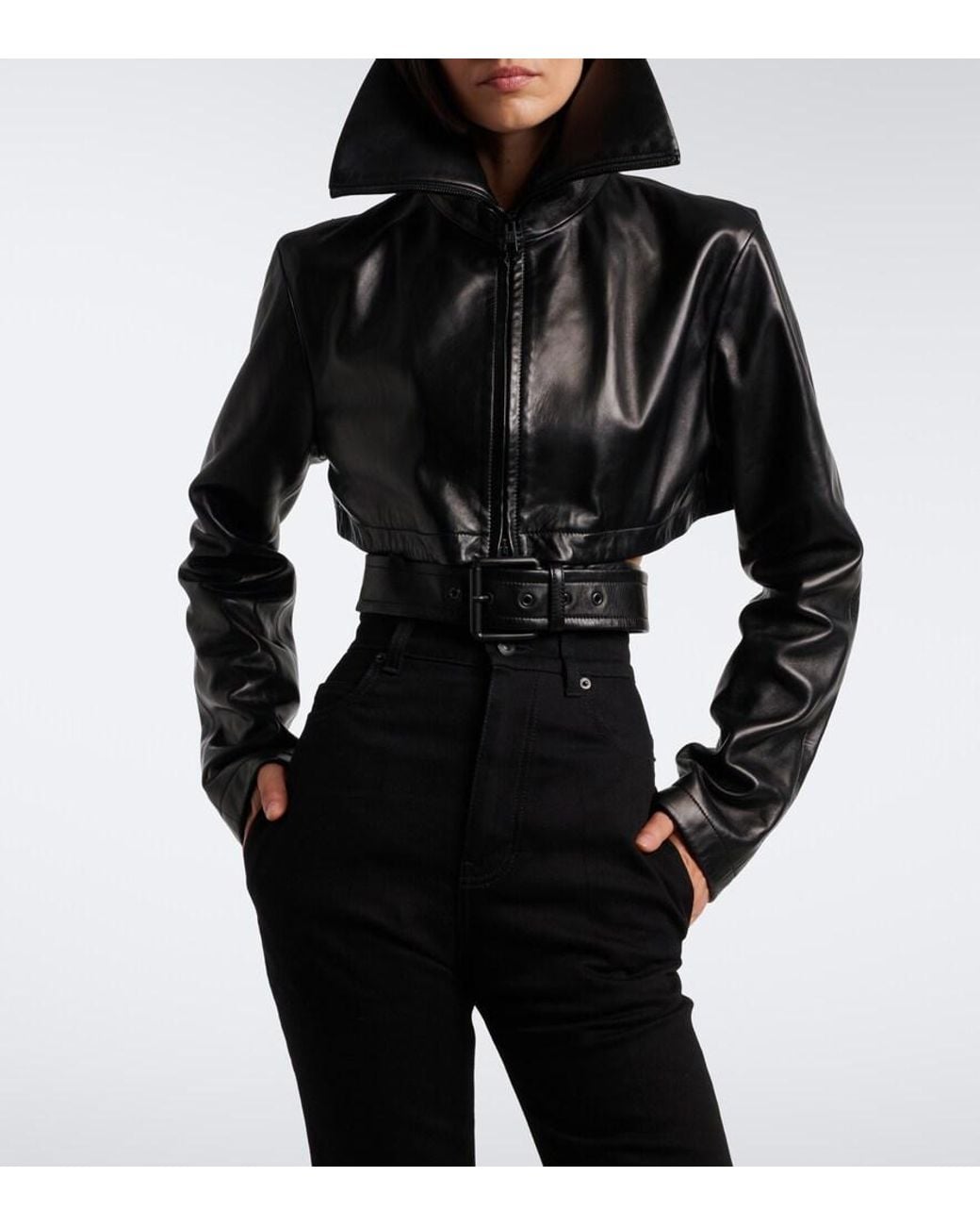 Balenciaga Black Belted Cropped Leather Jacket