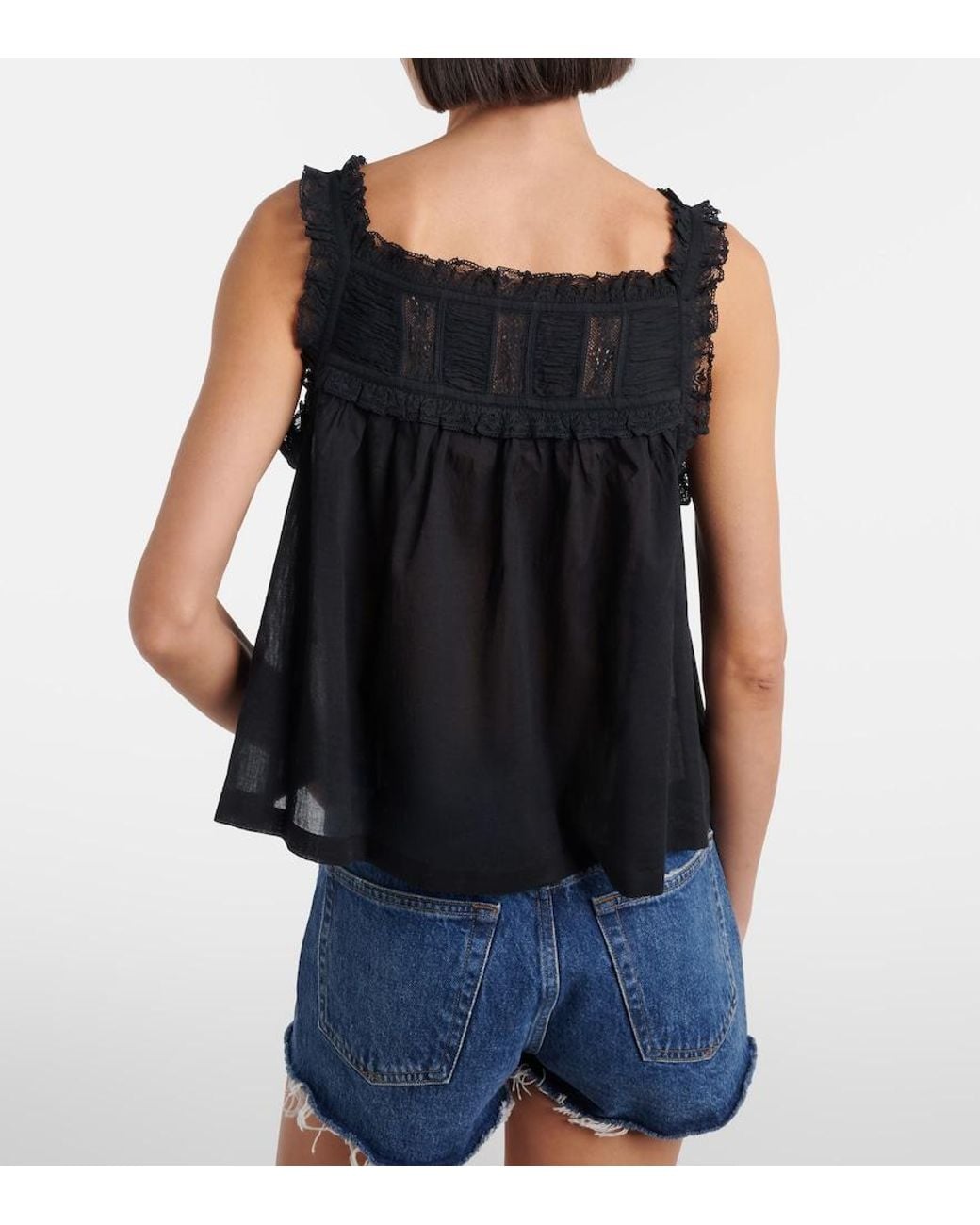 Doen Black Fidella Lace-Trimmed Cotton Top