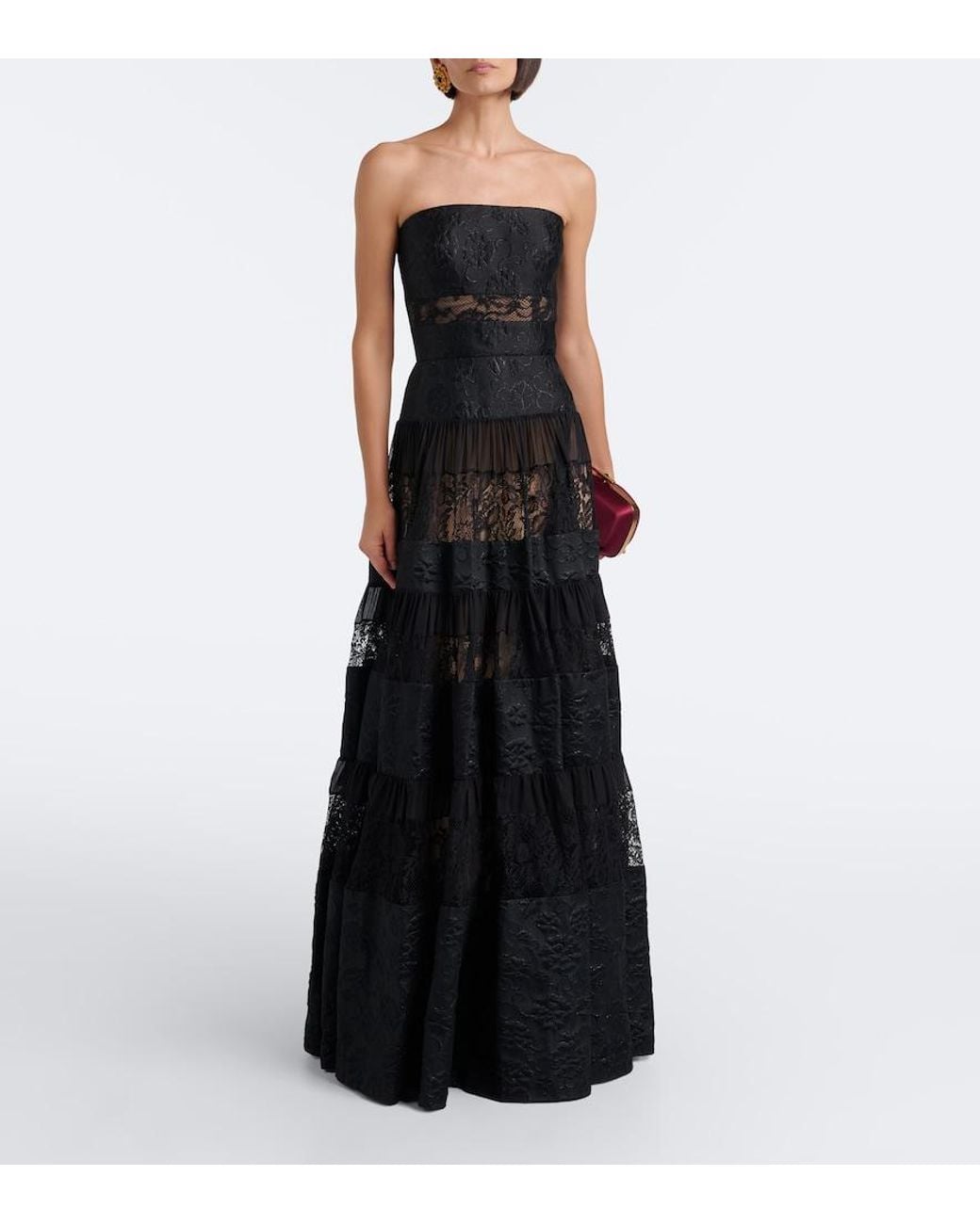 Elie Saab Black Lace-Trimmed Floral Jacquard Gown