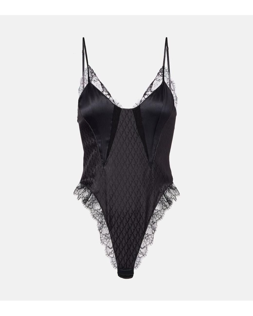 Versace Black Lace-Trimmed Silk-Blend Satin Bodysuit