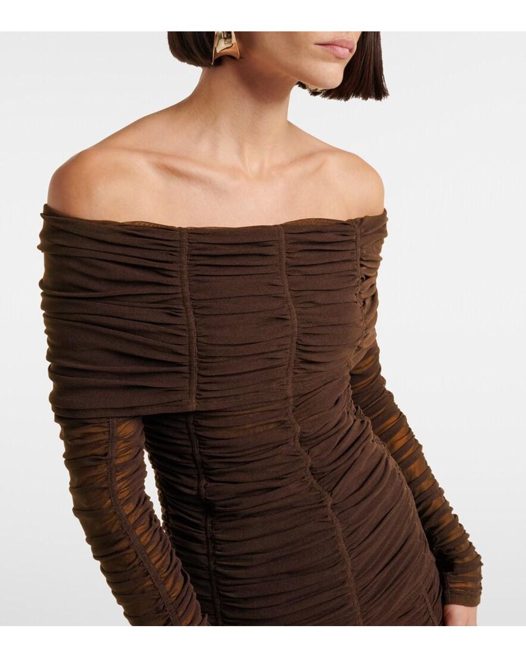 The Attico Brown Ruched Off-Shoulder Jersey Top