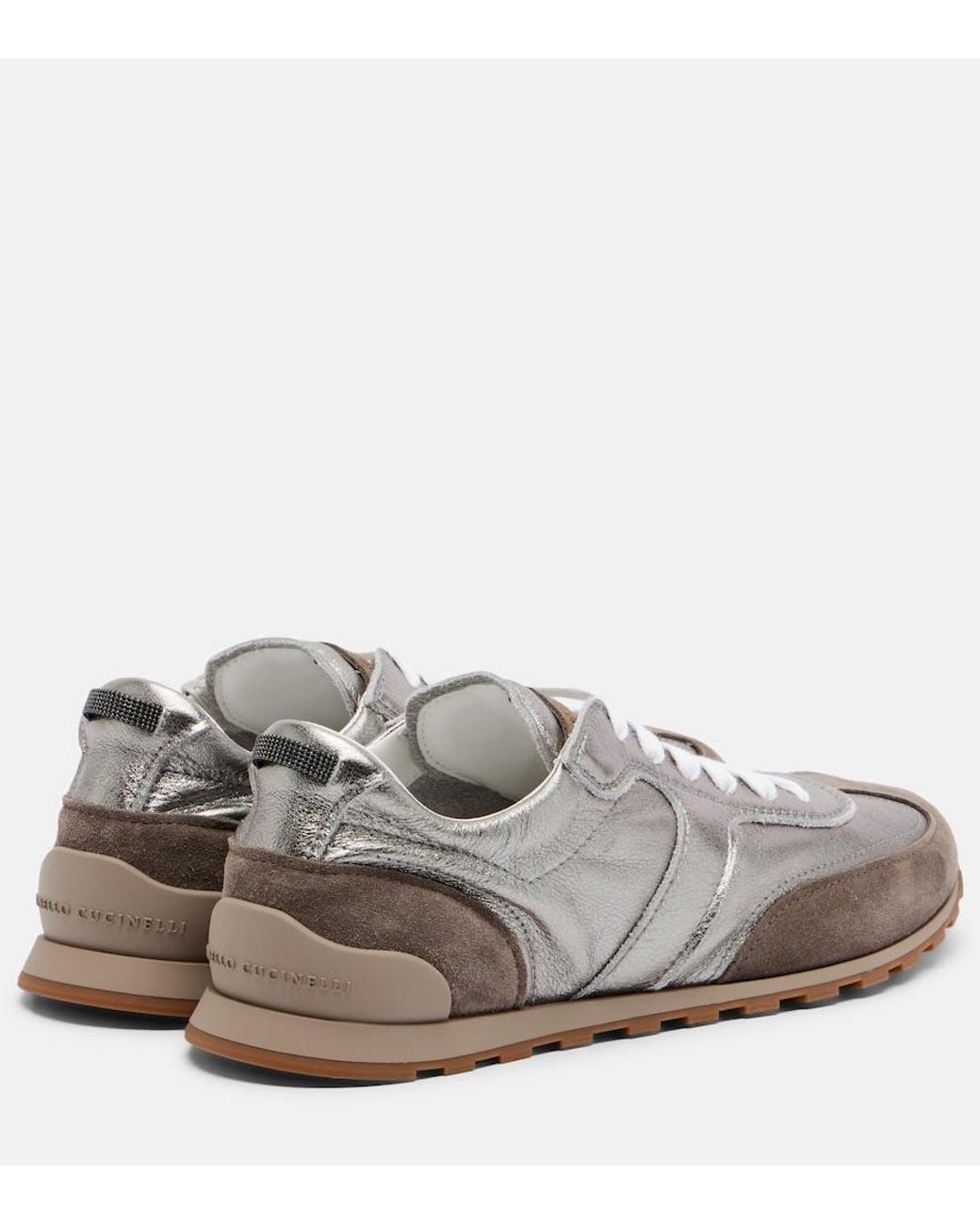 Brunello Cucinelli White Monili Suede-Trimmed Metallic Leather Sneakers